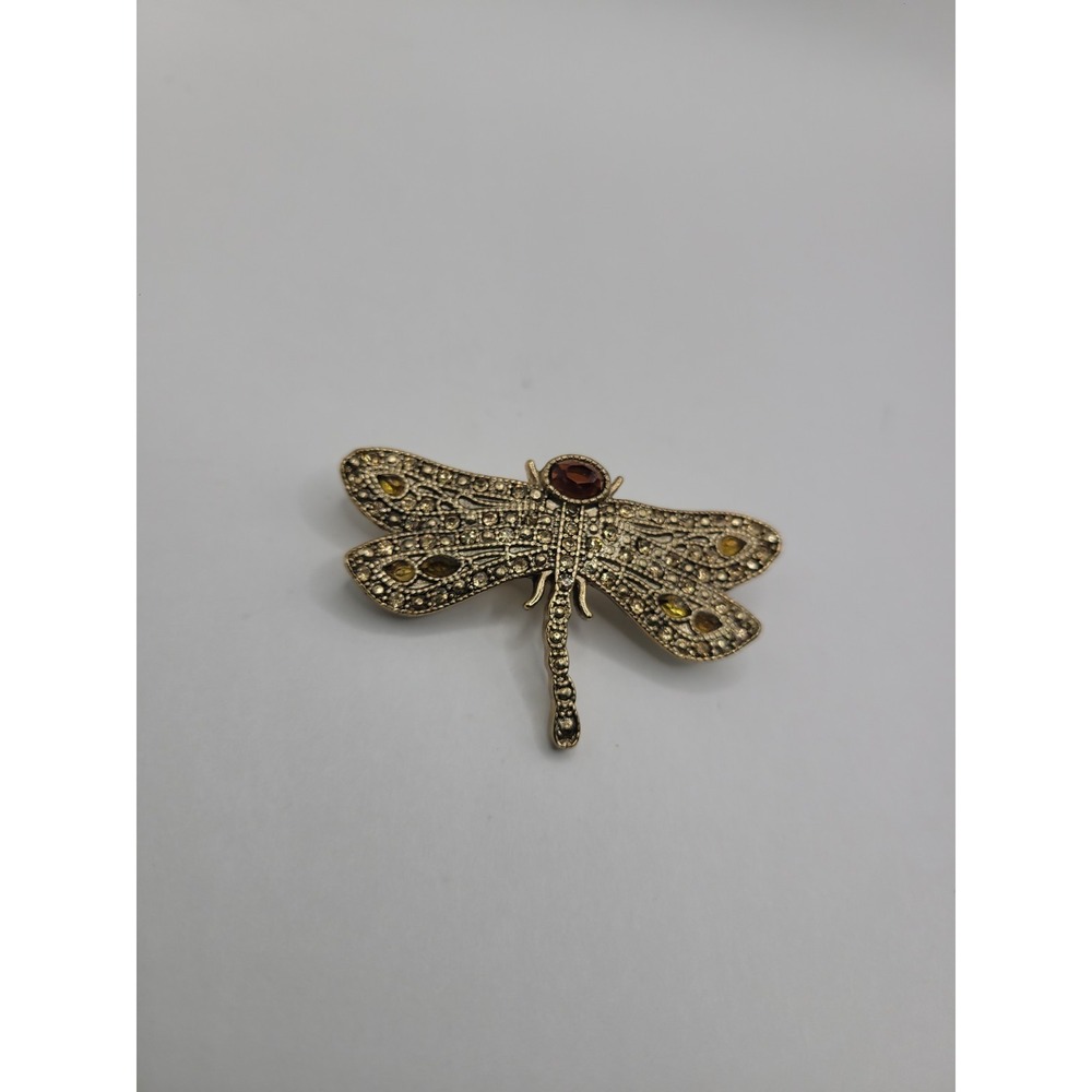 Vintage Monet Dragonfly Brooch Gold Tone Amber Rhinestone Insect Figural Pin Sig - Picture 2 of 12